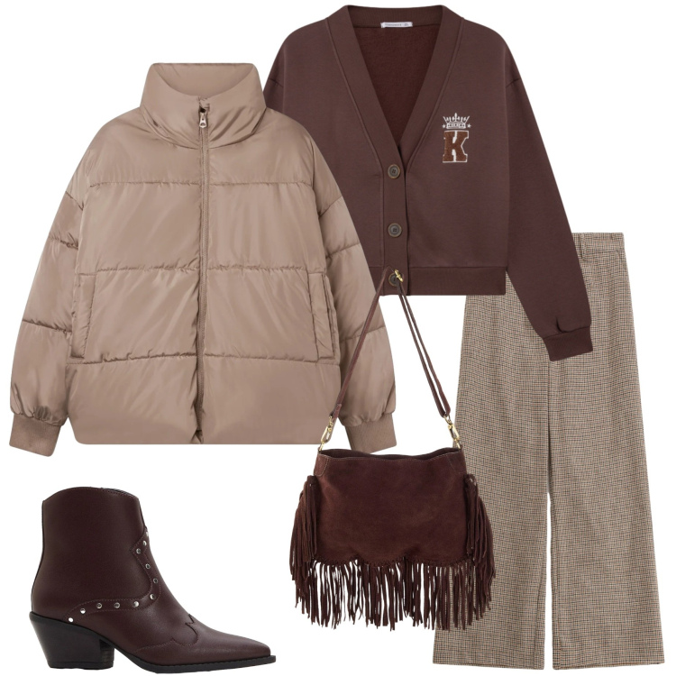 Outfit donna - Urban invernale. Stile Urban per Tutti i giorni. Abbinamento con stivaletti texani, borse a tracolla, bomber, cardigans, pantaloni a palazzo.