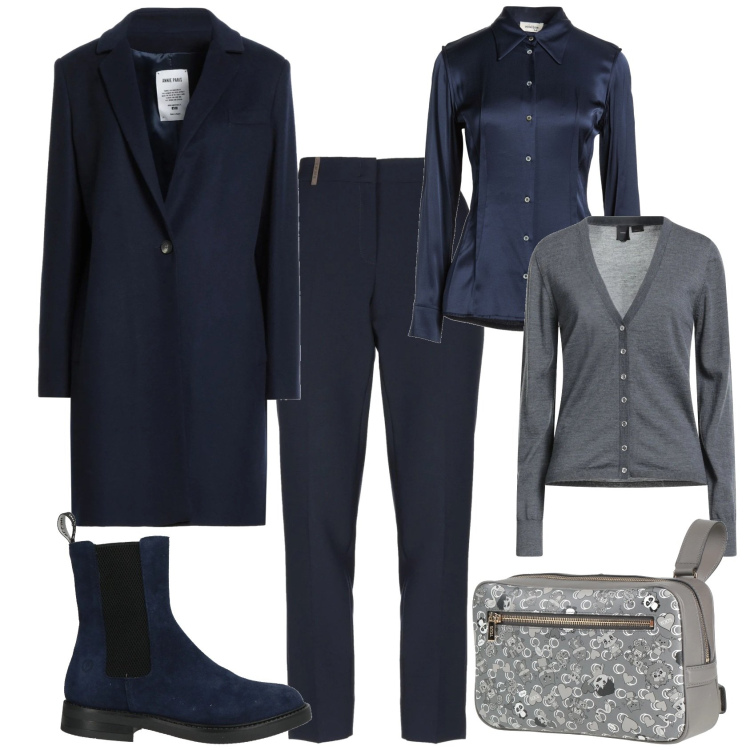 Outfit donna - Minimal in blu per l ufficio. Stile Minimal per Ufficio. Abbinamento con stivaletti chelsea, marsupi, camicie, pantaloni, cappotti, cardigans.