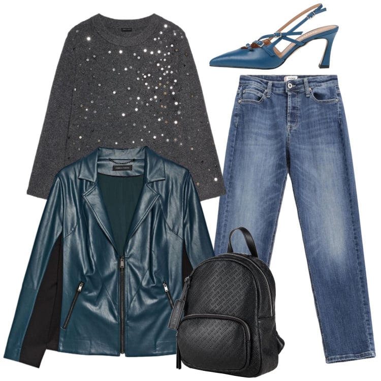 Outfit donna - Total look. Stile Casual chic per Serata fuori. Abbinamento con décolleté, zaini, jeans, giacche, maglieria.