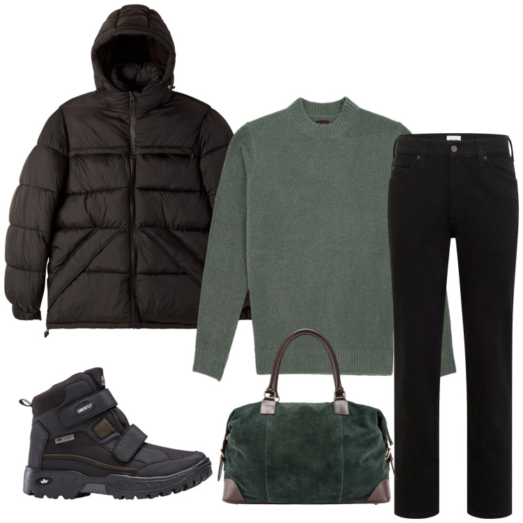 Outfit uomo - Total look #2317774. Stile Urban per Tutti i giorni. Abbinamento con stivali e stivaletti, jeans dritti, bomber, borse sportive, maglieria.