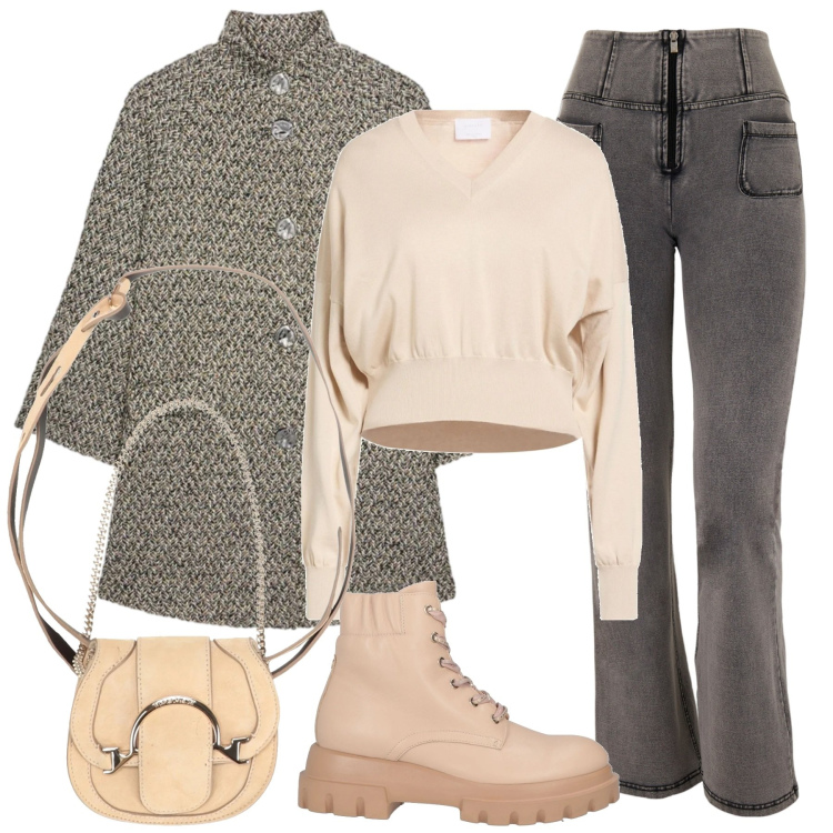 Outfit donna - Gennaio in saldo. Stile Minimal per Tutti i giorni. Abbinamento con marsupi, stivaletti, pullovers, jeans, cappotti.