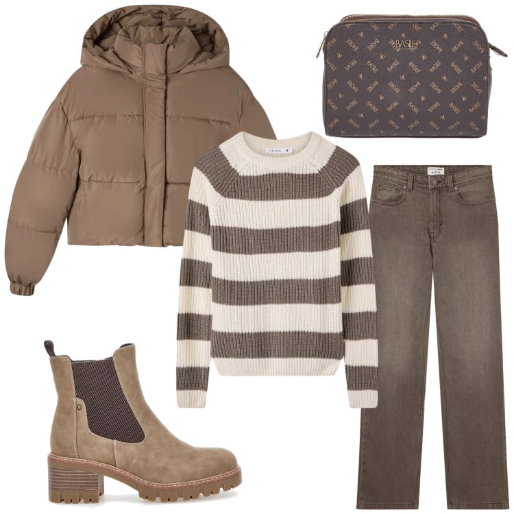 Outfit donna - Terranova - Saldi FW25. Stile Minimal per Tutti i giorni. Abbinamento con jeans bootcut, maglieria, bomber, stivaletti chelsea, borse a tracolla.