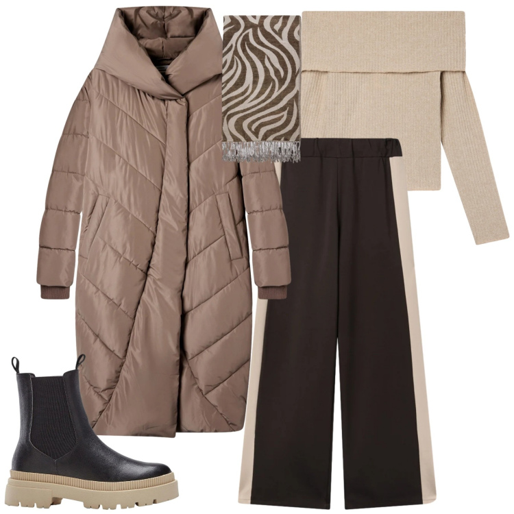 Outfit donna - Freddo in città. Stile Urban per Tutti i giorni. Abbinamento con stivaletti chelsea, cappotti, maglieria, pantaloni, foulard.