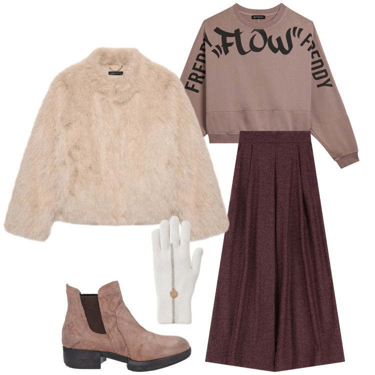 Outfit donna - Winter working. Stile Trendy per Tutti i giorni. Abbinamento con stivaletti chelsea, pantaloni a palazzo, felpe, guanti, ecopellicce.