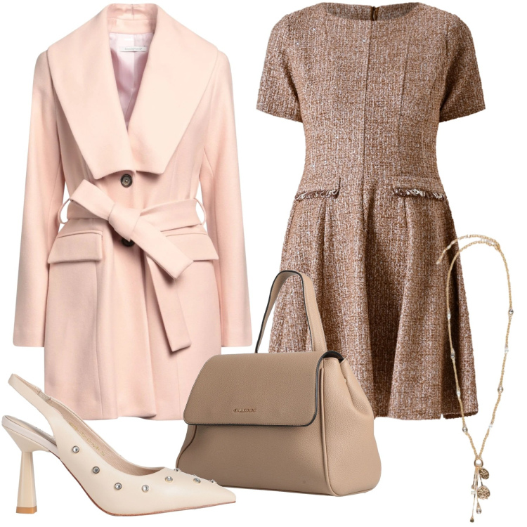 Outfit donna - Da sfruttare in primavera. Stile Bon Ton per Ufficio. Abbinamento con cappotti, zaini, décolleté, vestiti corti, ciondoli.