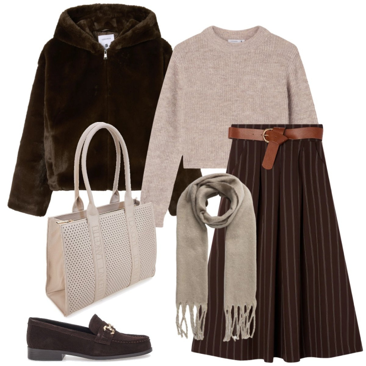 Outfit donna - Total look #2317810. Stile Preppy per Tutti i giorni. Abbinamento con maglieria, sciarpe, ecopellicce, gonne longuette, mocassini, borse a spalla.