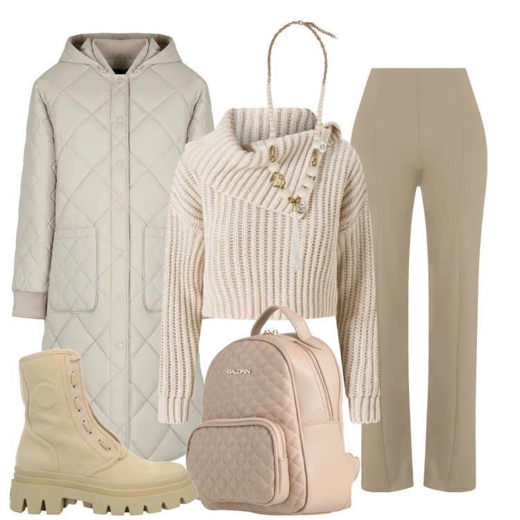 Outfit donna - Neutro evergreen. Stile Basic per Tutti i giorni. Abbinamento con zaini, stivaletti, pantaloni skinny, piumini, maglieria, ciondoli.