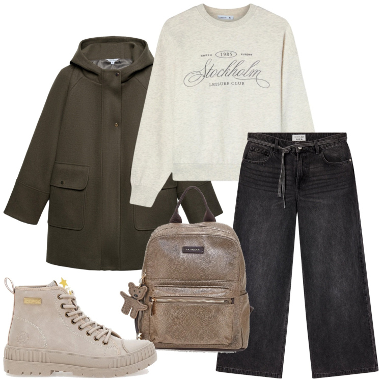 Outfit donna - Terranova - Saldi FW25. Stile Minimal per Tutti i giorni. Abbinamento con felpe, jeans, blazer, anfibi, zaini.