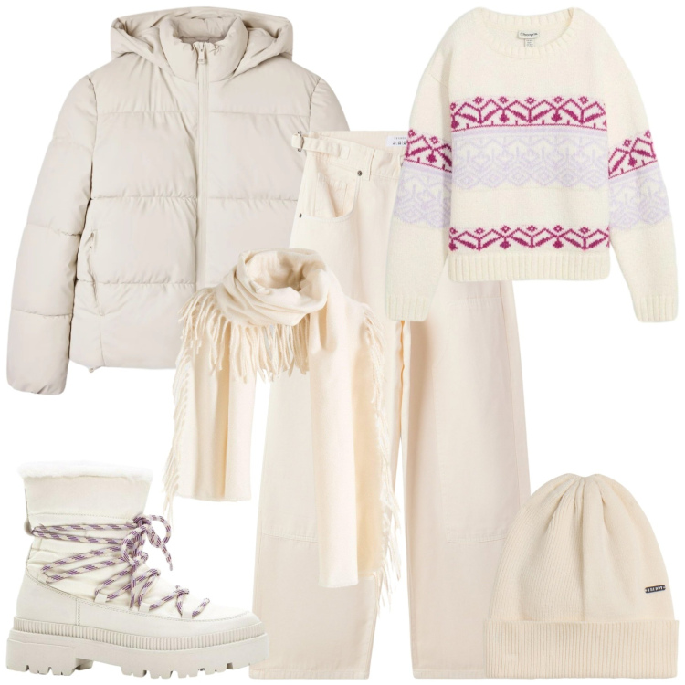 Outfit donna - Montagna. Stile Casual per Tutti i giorni. Abbinamento con sciarpe, stivali da neve, maglieria, pantaloni, bomber, berretti.