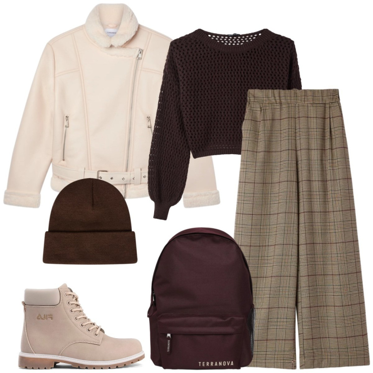 Outfit donna - Total look #2317827. Stile Mannish per Scuola/Università. Abbinamento con maglieria, zaini, bomber, berretti, pantaloni, stivaletti.