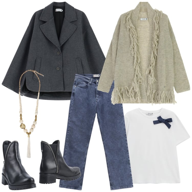 Outfit donna - Total look #2317829. Stile Minimal per Ufficio. Abbinamento con stivaletti, blazer, jeans dritti, t-shirt, cardigans, ciondoli.