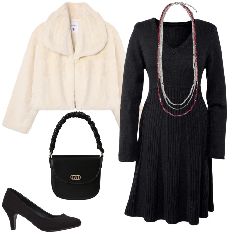 Outfit donna - Serata fuori. Stile Chic per Serata fuori. Abbinamento con vestiti, décolleté, ecopellicce, borse a mano, collane.