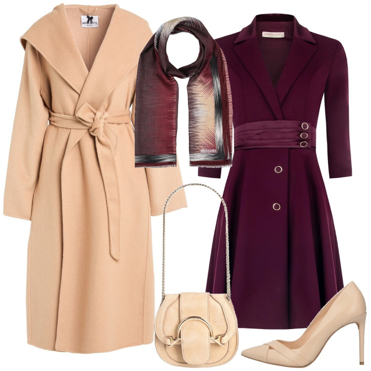 Outfit donna - A pranzo in città. Stile Chic per Tutti i giorni. Abbinamento con marsupi, cappotti, décolleté, sciarpe, vestiti chemisier.