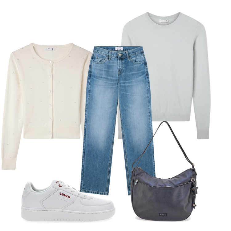 Outfit donna - Denim quotidiano. Stile Minimal per Tutti i giorni. Abbinamento con jeans dritti, cardigans, maglieria, sneakers, borse a spalla.
