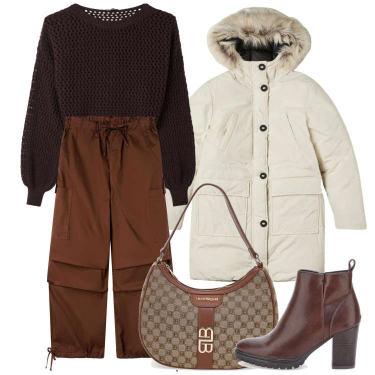 Outfit donna - Terranova in offerta. Stile Casual per Tutti i giorni. Abbinamento con maglieria, pantaloni cargo, parka, borse a spalla, stivaletti.