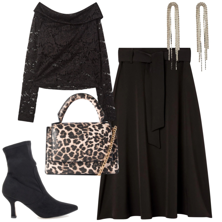 Outfit donna - Saldi terranova. Stile Chic per Tutti i giorni. Abbinamento con bluse, gonne lunghe, borse a tracolla, orecchini, stivaletti.