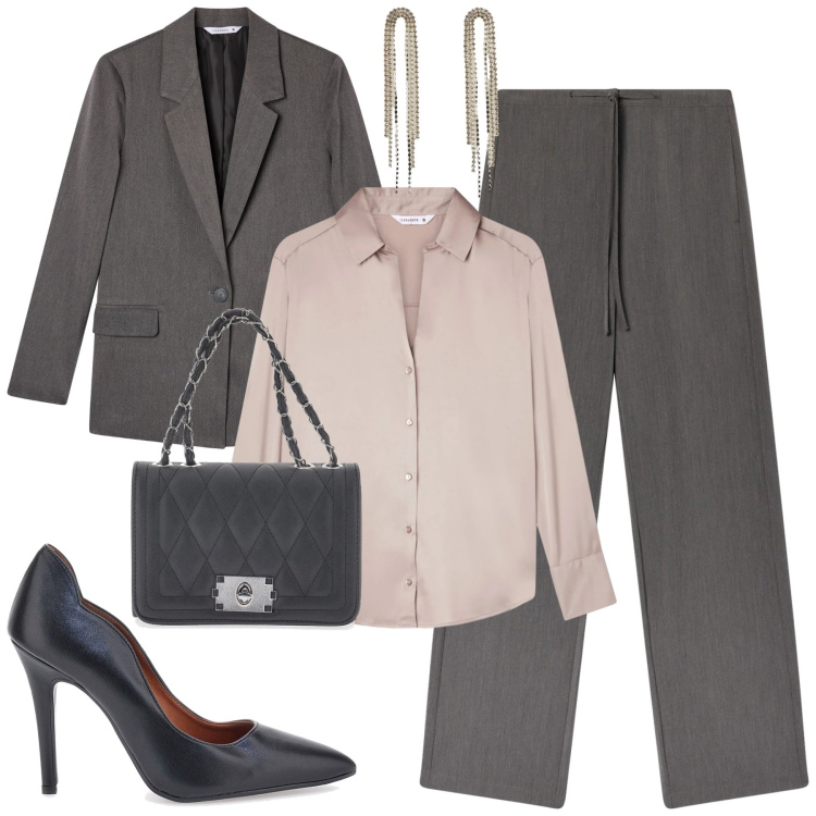 Outfit donna - Saldi Terranova. Stile Urban per Ufficio. Abbinamento con pantaloni, orecchini, blazer, camicie, décolleté, borse a tracolla.