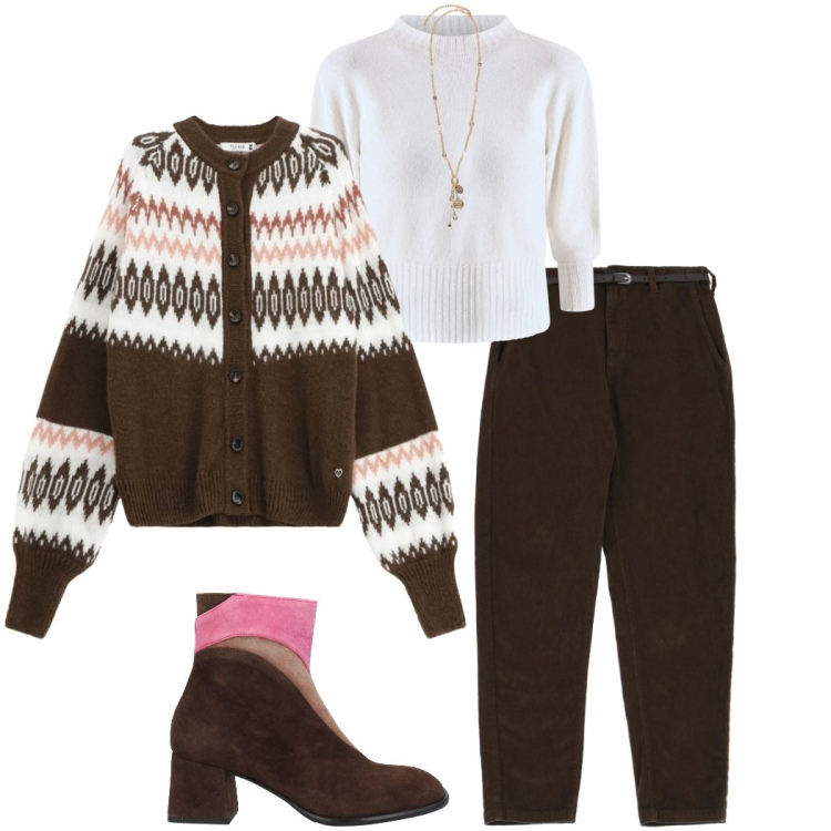 Outfit donna - Knitwear oversize. Stile Casual chic per Ufficio. Abbinamento con stivaletti, cardigans, pantaloni chino, maglieria, ciondoli.