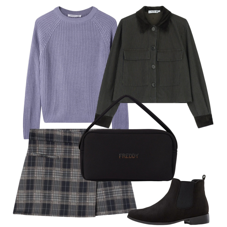 Outfit donna - Glicine a gennaio. Stile Preppy per Tutti i giorni. Abbinamento con stivaletti chelsea, minigonne, maglieria, blazer, borse a mano.