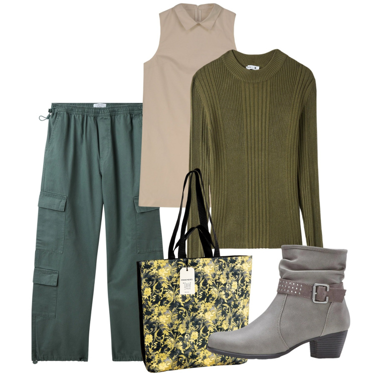 Outfit donna - Gennaio. Stile Casual per Tutti i giorni. Abbinamento con stivaletti, maglieria, pantaloni cargo, borse tote, vestiti a tubino.