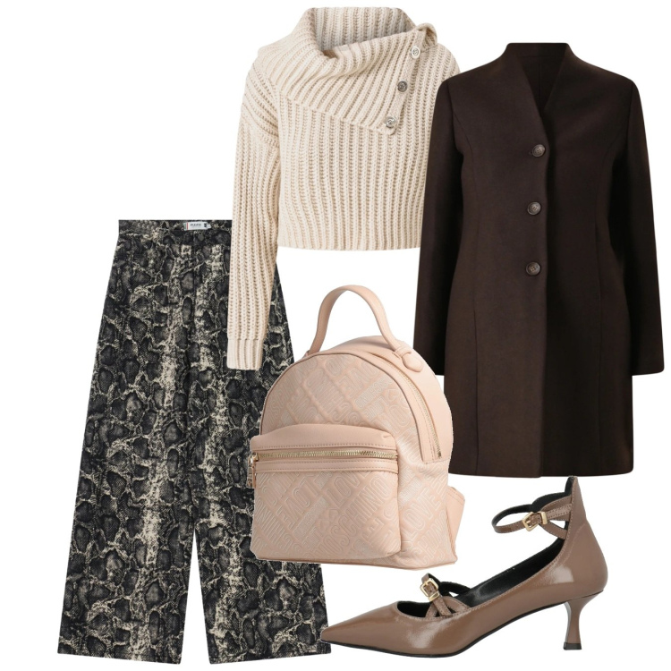 Outfit donna - Pitonato. Stile Chic per Tutti i giorni. Abbinamento con zaini, décolleté, maglieria, cappotti, pantaloni a palazzo.