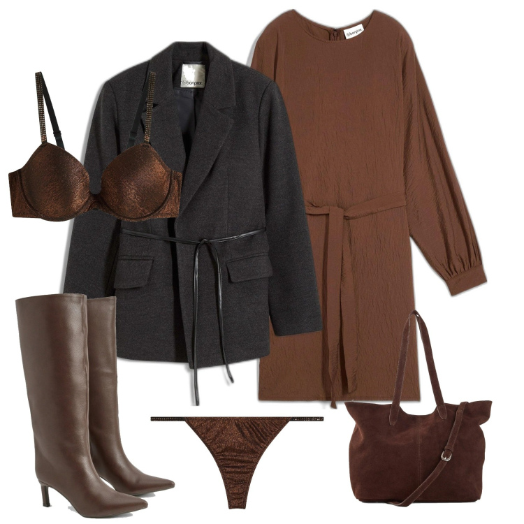 Outfit femme - Janvier. Style Casual chic pour Tous les jours. Assortir avec sac cabas, robes courtes, blazers, strings, soutiens-gorge, cuissardes.