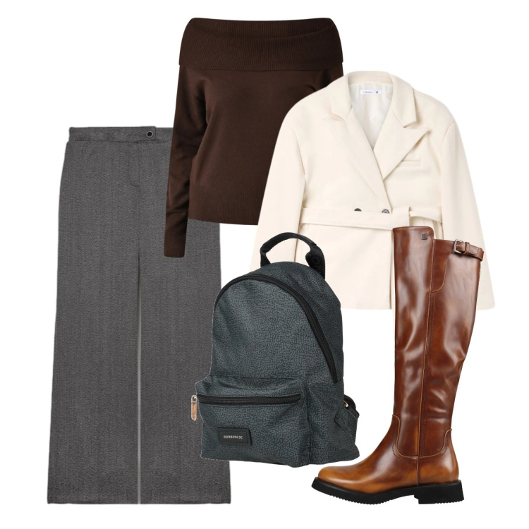 Outfit donna - Gennaio. Stile Bon Ton per Tutti i giorni. Abbinamento con stivali, zaini, blazer, maglieria, pantaloni.