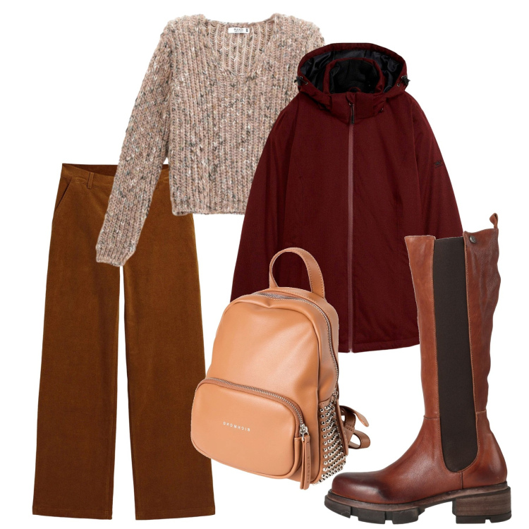 Outfit donna - Gennaio. Stile Casual per Tutti i giorni. Abbinamento con blazer, pantaloni, stivali, zaini, maglieria.