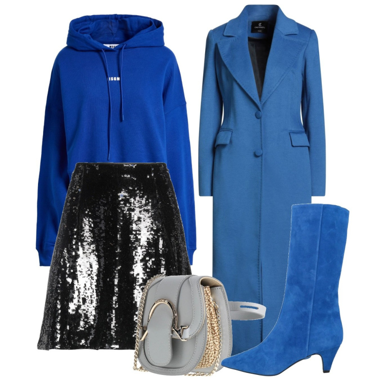 Outfit donna - Serata blu. Stile Glamour per Serata fuori. Abbinamento con minigonne, stivali, felpe con cappuccio, cappotti, marsupi.