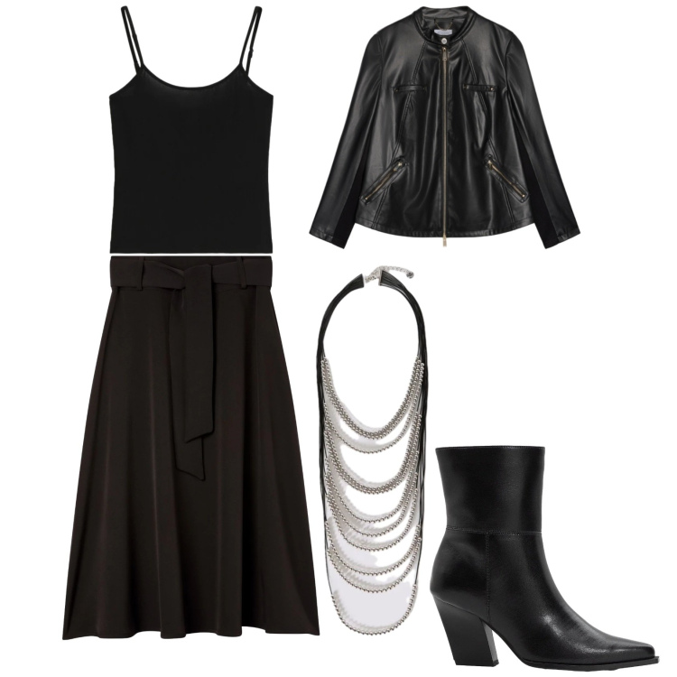 Outfit donna - Casual. Stile Casual chic per Serata fuori. Abbinamento con stivaletti, gonne lunghe, top, collane, giacche.