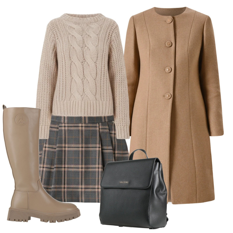 Outfit donna - Gennaio. Stile Bon Ton per Ufficio. Abbinamento con zaini, stivali, minigonne, cappotti, maglieria.