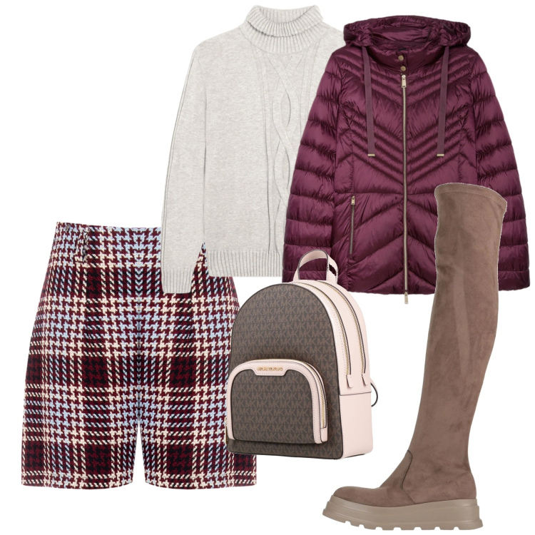 Outfit donna - Gennaio. Stile Bon Ton per Tutti i giorni. Abbinamento con stivali sopra il ginocchio, zaini, maglieria, shorts, piumini.