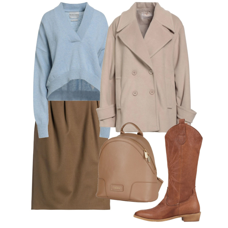 Outfit donna - Gennaio cielo. Stile Bon Ton per Tutti i giorni. Abbinamento con pullovers, zaini, caban, minigonne, stivali.