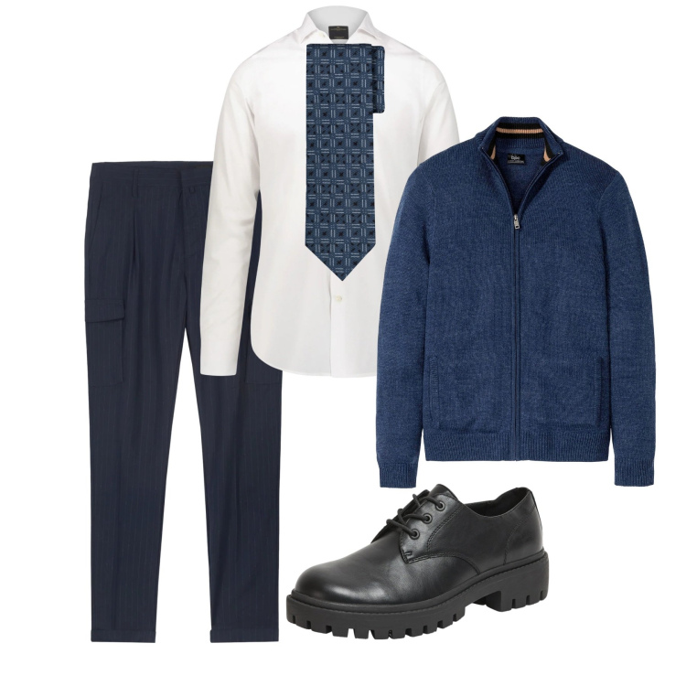 Outfit uomo - Gennaio. Stile Business/Elegante per Ufficio. Abbinamento con cardigans, scarpe stringate, camicie, pantaloni cargo, cravatte.