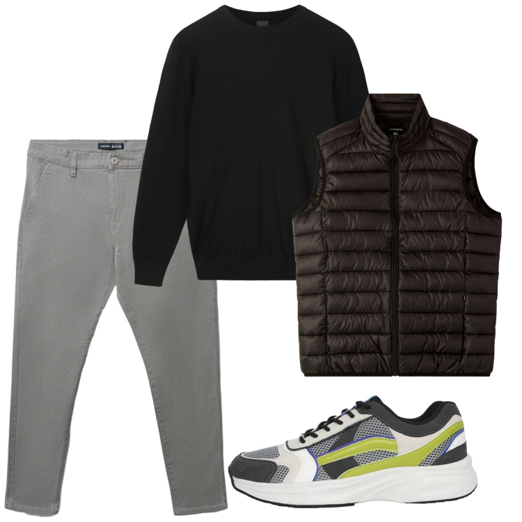 Outfit uomo - Gennaio. Stile Casual per Tutti i giorni. Abbinamento con pantaloni chino, piumini, sneakers, maglieria.