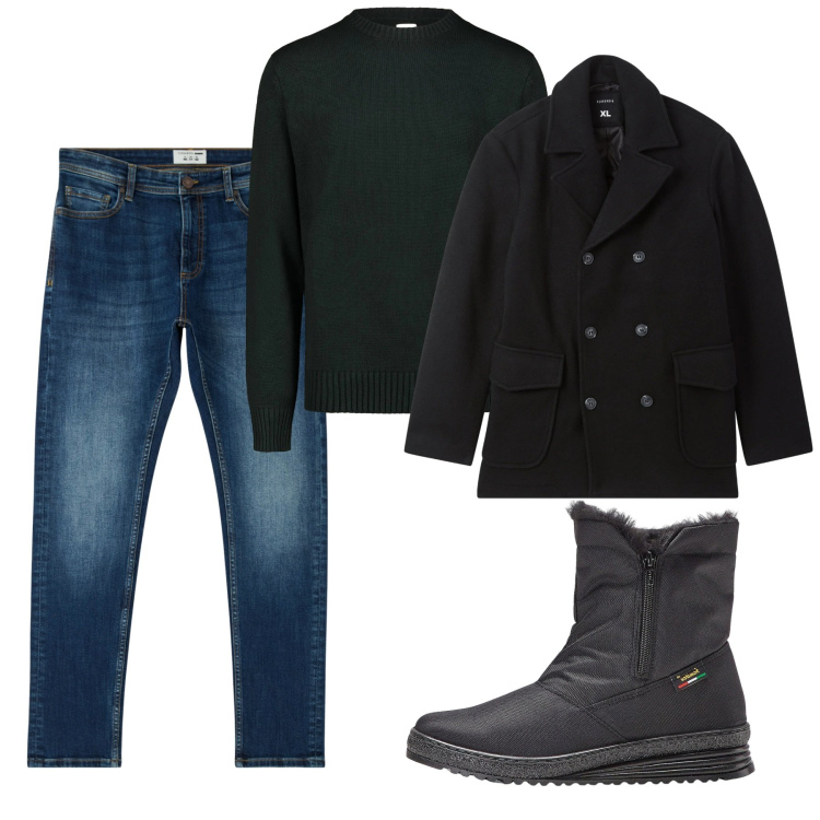 Outfit uomo - Gennaio. Stile Casual per Tutti i giorni. Abbinamento con stivali e stivaletti, jeans skinny, caban, maglieria.