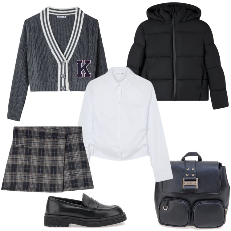 Outfit donna - Saldi FW25: Terranova. Stile Preppy per Scuola/Università. Abbinamento con minigonne, bomber, camicie, cardigans, mocassini, zaini.