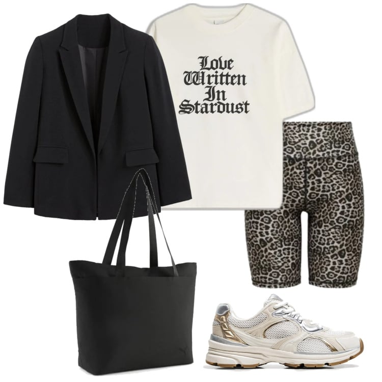 Outfit mujer - Sporty chic #148. Estilo Sporty chic para Todos los días. Combinación con sneakers, blazers, camiseta, shorts, bolso tote.