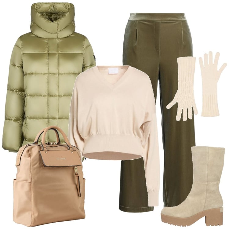 Outfit donna - Piumino. Stile Basic per Tutti i giorni. Abbinamento con stivaletti, pantaloni, guanti, zaini, pullovers, piumini.