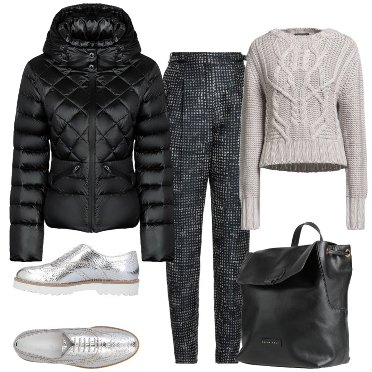 Outfit donna - In stile col piumino. Stile Basic per Tutti i giorni. Abbinamento con pullovers, scarpe stringate, zaini, pantaloni, piumini.