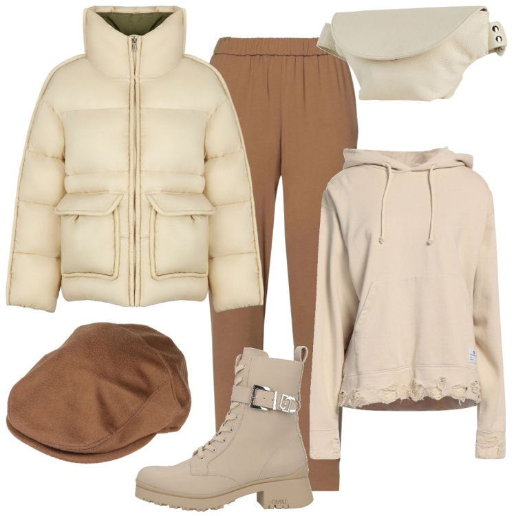 Outfit donna - Giornate fredde. Stile Basic per Tutti i giorni. Abbinamento con felpe con cappuccio, stivaletti, cappelli, marsupi, pantaloni skinny, piumini.