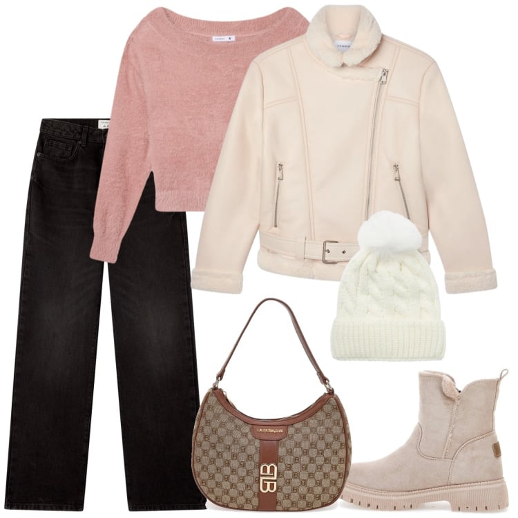Outfit donna - Freddo femminile. Stile Casual per Tutti i giorni. Abbinamento con maglieria, bomber, jeans dritti, berretti, stivaletti, borse a spalla.