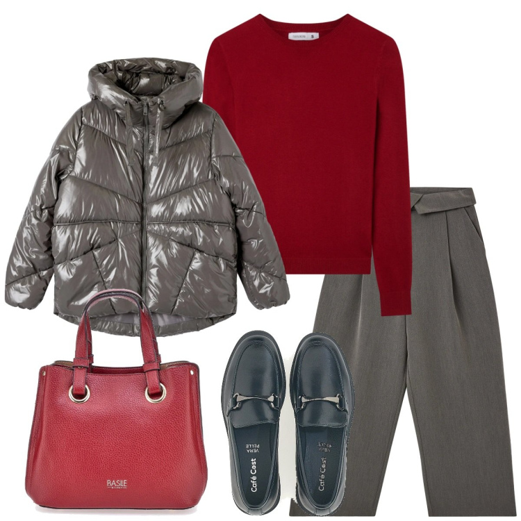 Outfit donna - Mocassini. Stile Basic per Ufficio. Abbinamento con pantaloni, maglieria, bomber, mocassini, borse a mano.