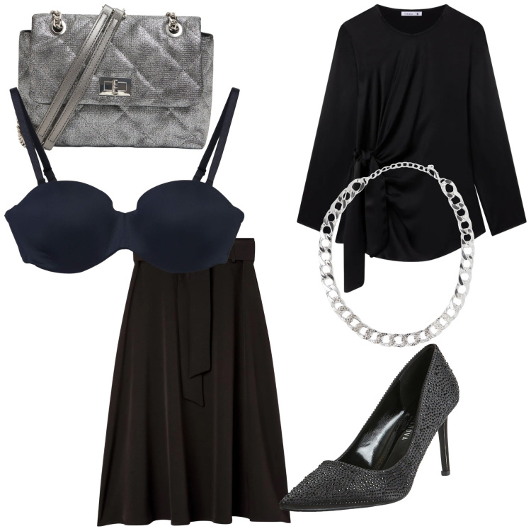 Outfit donna - Chic in Terranova. Stile Bon Ton per Serata fuori. Abbinamento con bluse, gonne lunghe, décolleté, collane, borse a tracolla, reggiseni.