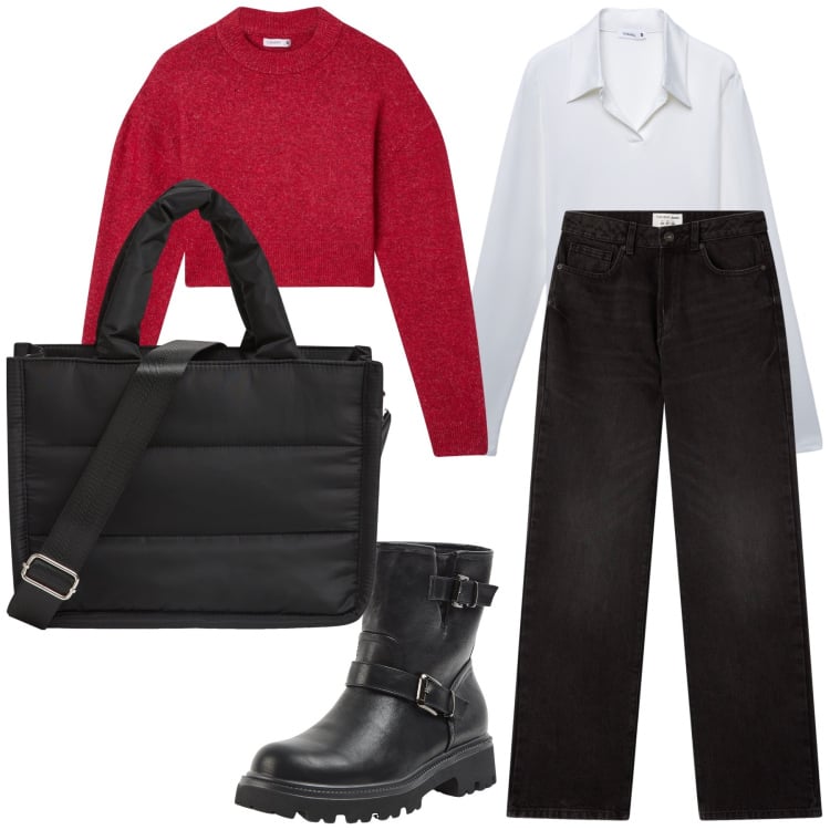 Outfit donna - Alla scrivania in Terranova. Stile Urban per Ufficio. Abbinamento con jeans dritti, shopping bag, maglieria, stivaletti, polo.