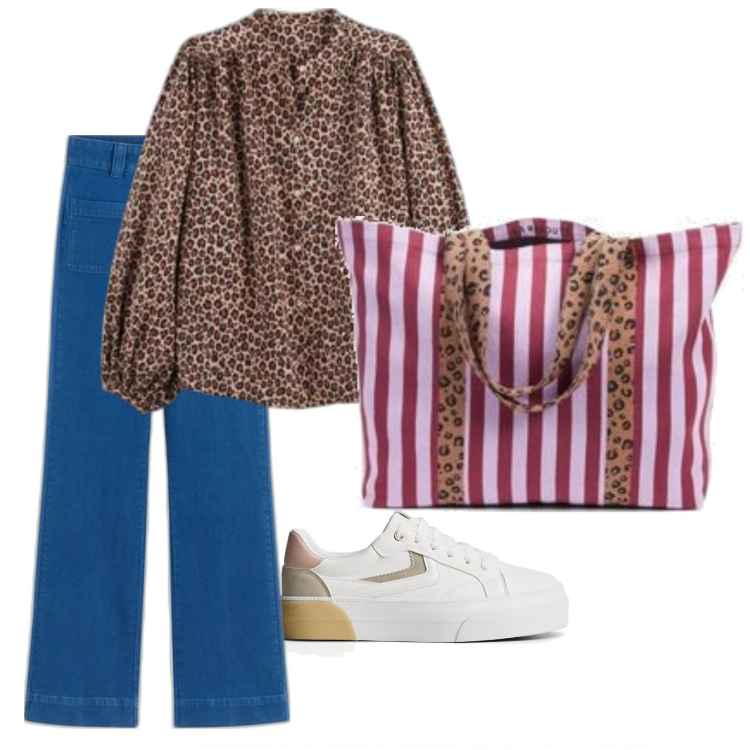 Outfit mujer - Urban style. Estilo Urban para Todos los días. Combinación con bolso tote, vaqueros bootcut, sneakers, camisas.