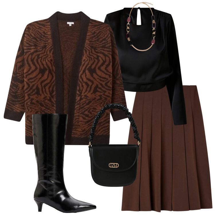 Outfit donna - In ufficio. Stile Casual chic per Ufficio. Abbinamento con stivali, gonne lunghe, cardigans, bluse, borse a mano, collane.