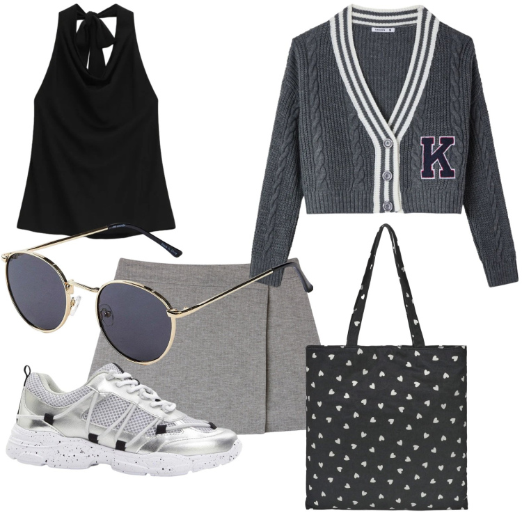 Outfit donna - Preppy casual. Stile Preppy per Scuola/Università. Abbinamento con occhiali da sole, sneakers, gonne, borse tote, cardigans, top.