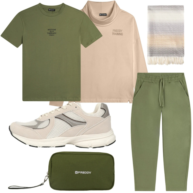 Outfit donna - Focus sul verde oliva. Stile Minimal per Tutti i giorni. Abbinamento con sneakers, pantaloni, felpe, t-shirt, valigie, sciarpe.