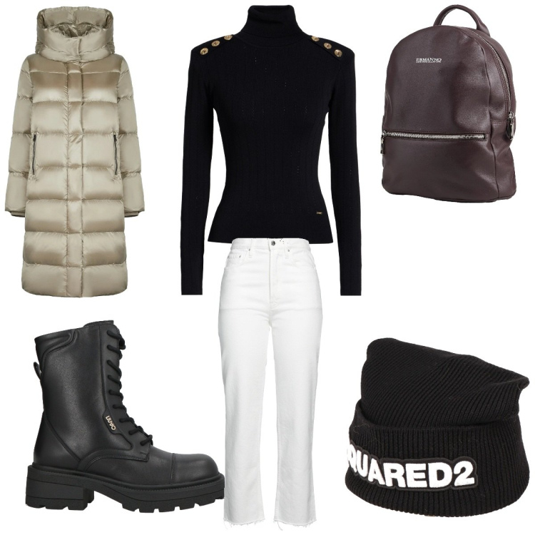 Outfit donna - Total look #2318029. Stile Casual per Tutti i giorni. Abbinamento con cappelli, anfibi, maglieria, jeans dritti, zaini, cappotti.